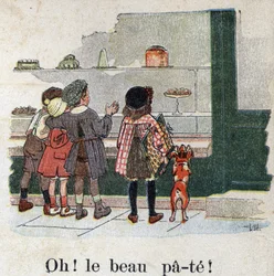 Kinderbuch „Ich werde lesen - Methodisches und lustiges Alphabet von einem Vater“ 1926. Illustration von Robert Salles (1871-1929). „Oh! Der schöne Teig!“ . Feinschmecker-Kinder halten vor einem Bäckereifenster an.