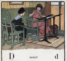 Kinderbuch „Ich werde lesen - Methodisches und lustiges Alphabet von einem Vater“ 1926. Illustration von Robert Salles (1871-1929). Abecedarium: Buchstabe D wie Finger. Eine Mutter erklärt ihrem Sohn die Stickerei
