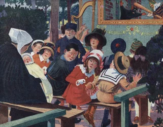Puppentheater: Kinder im Guignol-Theater werden von einem weinenden Baby gestört. Illustration von Robert Salles (1871-1929) in „Ich kann lesen“