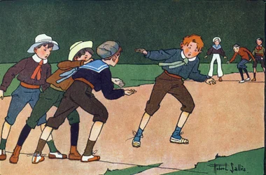 Die Stangen (Mannschaftsspiel, bei dem man unbemerkt ins gegnerische Lager gelangen muss, das durch eine Linie auf dem Boden symbolisiert wird, um Gefangene zu machen). Gravur in „Was spielen wir?“ von E. Weber mit Aquarellzeichnungen von Robert Salles (18