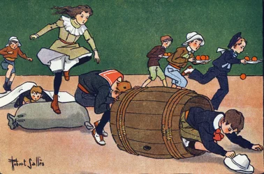 Das Hindernisrennen. Gravur in "Was spielen wir?" von E. Weber mit Aquarellzeichnungen von Robert Salles (1871-1929). Librairie Garnier Freres, Paris