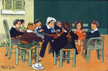 Zum Frettchen. Gravur in "Was spielen wir?" von E. Weber mit Aquarellzeichnungen von Robert Salles (1871-1929). Librairie Garnier Freres, Paris