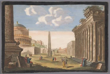 Ansicht der Ruinen der Trajanssäule, des Konstantinsbogens und anderer Monumente in Rom