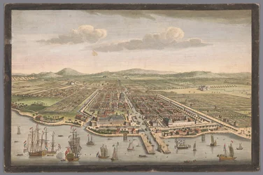 Ansicht der Stadt Batavia, Die Stadt Batavia auf der Insel Java und Hauptstadt aller niederländischen Fabriken und Siedlungen in Ostindien (Titel auf dem Objekt), Niederlassungen der VOC (Serientitel)