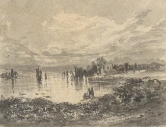 Blick auf See und Berge mit Figuren