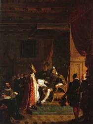 Mikael Agricola übergibt das finnische NT an Gustav Vasa