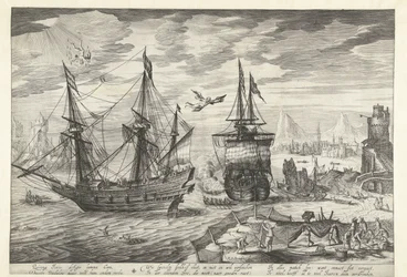 Hafen mit Schiffen, in der Luft der Sturz des Ikarus