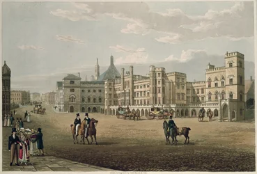 Ansicht des House of Lords und Commons, vom Old Palace Yard aus, veröffentlicht 1821 von Colnaghi und Co.