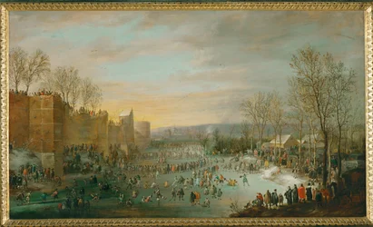 Schlittschuhlaufen im Stadtgraben von Brüssel, Belgien, Erzherzog Leopold Wilhelm, Gouverneur, beobachtet aus seiner Kutsche