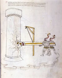 Kunst des Krieges: Studie über militärische Maschinen. Verwendung des Widders zum Belagern eines Turms, Illustration aus 