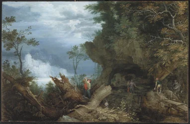 Gebirgige Landschaft mit einem Eingang zu einer Mine, ca. 1612-13