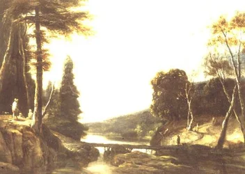 Felsige Waldflusslandschaft mit Bauern auf einem Pfad und Hirten an einer Fußbrücke