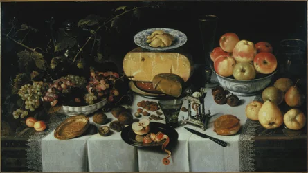 Stillleben mit Käse und Früchten