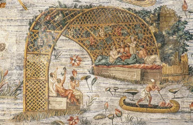 Bankett unter einer Pergola, Detail aus dem Nil-Mosaik der Überschwemmung des Nils in Ägypten, aus dem Heiligtum der Fortuna Primigenia in Palestrina, Latium, Italien, römische Zivilisation