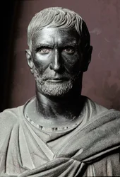 Büste des Brutus (Bruto Capitolino) (kapitolinisch) - Bronzeskulptur, 300 v. Chr., Maße: 79 cm - Rom, Musei Capitolini, Palazzo dei Conservatori, Sala dei Trionfi - Büste des Lucius Junius Brutus, bekannt als Kapitolinischer Brutus - Bronzeskulptur