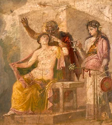 Fresko mit erotischem Motiv, das eine dionysische Szene darstellt, aus Pompeji (UNESCO-Welterbeliste)