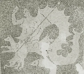 Hellenistisches Kieselmosaik von Skylla und Charybdis, die die Meerenge bewachen, Detail von Skylla, Haus des Dionysos, Paphos, Zypern