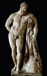 Farnesischer Herkules, kolossale Marmorskulptur des Glykon aus den Caracalla-Thermen in Rom, nach einem griechischen Original des Lysippos von Sikyon, Maße: 3,17 m, 3. Jahrhundert n. Chr. - Archäologisches Nationalmuseum Neapel - Der Farnesische Herkules