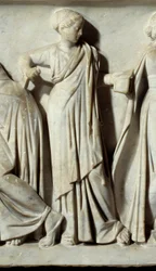 Die Muse Kalliope, Detail des Sarkophags der Musen: Darstellung der Musen, Göttinnen der Künste und Briefe. Marmorskulptur. 150 n. Chr.
