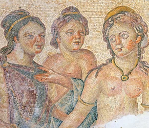 Leda und ihre Hausmädchen, Detail aus dem Leda und Zeus Mosaik, Haus des Aion, Paphos, Zypern