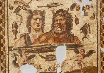 Oceanus und Tethys, Mosaik aus dem antiken Daphne, Harbiye, Türkei. Römische Zivilisation, 4. Jahrhundert n. Chr.