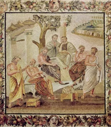 Platon im Gespräch mit seinen Schülern, aus dem Haus von T. Siminius, Pompeji (Mosaik)