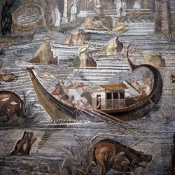 Flussschiff des 1. Jahrhunderts v. Chr. (Detail) Mosaik von Palestrina. Das Ruder ist im Heck und doppelt. Dieses Mosaik stammt aus dem Tempel des Glücks und wird heute im Barberini-Palast aufbewahrt