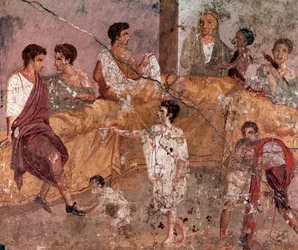 Römische Kunst: „Bankettszene im Freien“. Römisches Fresko aus dem Haus des Trikliniums, Pompeji, 40-60 n. Chr.