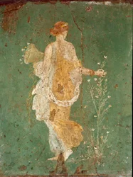 Römische Kunst: Frühling Flora pflückt Blumen. Fresko aus der Villa von Varano in Stabiae (Stabiae), in der Nähe von Pompeji. 15 v. Chr.-60 n. Chr. Museo Archeologico Nazionale, Neapel - Römische Kunst: Frühling, Flora pflückt Blumen. Fresko aus der Villa 