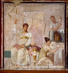 Römische Kunst: „Huldigung an einen tragischen Dichter“. Römisches Fresko von der Ausgrabungsstätte Herculaneum (Ercolano). 1. Jahrhundert n. Chr. Neapel, Museo Archeologico Nazionale