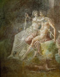 Römische Kunst: „Venus und Mars“. Fresko aus dem Haus des Kitharaspielers in Pompeji. Dritter Stil. Maße: 253 x 150 cm. Museo Archeologico Nazionale, Neapel