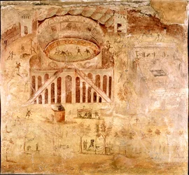 Römische Kunst: „Gewalttätiger Kampf zwischen den Einwohnern von Nocera und den Pompejanern im Amphitheater von Pompeji im Jahr 59 n. Chr.“ Detail eines Freskos. 1. Jahrhundert n. Chr. Von der Ausgrabungsstätte Pompeji. Neapel, Archäologisches