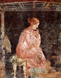 Römische Kunst: „Sitzende junge Frau“ (Fresko aus Pompeji, 3. pompejanischer Stil) 40-60 n. Chr.