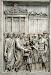 Römischer Kaiser Marcus Aurelius opfert vor dem Tempel des Jupiter, Rom, ca. 161-180 (Marmorrelief)