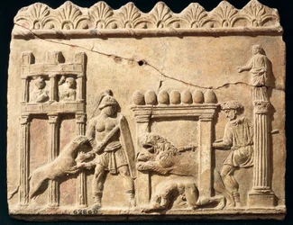 Römisches Relief mit Löwen und Gladiatoren im Zirkus