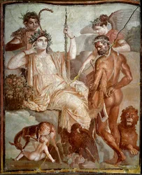 Römische Kunst: Herakles findet seinen Sohn Telephos in den Bergen von Arkadien. Römisches Fresko aus Herculaneum (Ercolano), 70 n. Chr. Neapel, Museo Archeologico Nazionale
