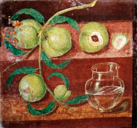 Römische Kunst: „Stillleben mit Pfirsichen“. Römisches Fresko aus Pompeji. 1. Jahrhundert v. Chr. bis 1. Jahrhundert n. Chr. Aufbewahrt im Archäologischen Nationalmuseum Neapel, Italien