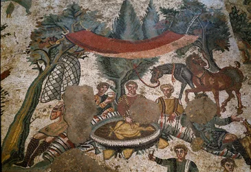 Römische Kunst: Detail des Mosaiks „Die kleine Jagdgesellschaft“