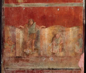 Römische Kunst: Szene einer „Fullonica oder Foulonnerie“, die das Reinigen von Kleidungsstücken mit den Füßen darstellt. Fresko aus der Villa Fullonica Stephani (La fullonica de Stephanus) in Pompeji, die als Wäscherei und Färberei genutzt wurde. Gemälde