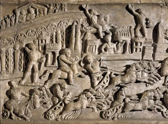 Römische Kunst: Flachrelief mit Darstellung von Wagenrennen im Circus Maximus (Großer Circus oder Circus Maxime) in Rom. 2. Jahrhundert n. Chr. Rom, Museo della Civiltà Romana