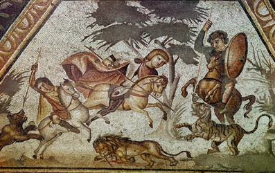 Mosaik der Jahreszeiten aus dem Hof der Konstantin-Villa von Daphne. Detail (Jagdszene mit Löwe und Tiger). Aus dem Vorort von Antiochia am Orontes (heutiges Antakya in Syrien). 325-330 n. Chr. Paris, Musée du Louvre