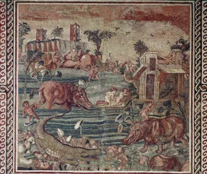 Römische Kunst: Nil-Landschaftsmosaik aus einer Villa auf dem Aventin-Hügel, Rom 1.-2. Jahrhundert. Rom, Museo Nazionale Romano im Palazzo Massimo, Inv 171