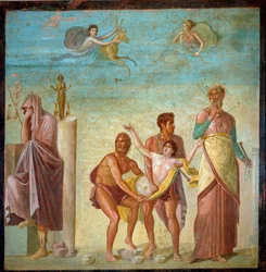 Römische Kunst: „Das Opfer der Iphigenie“ Fresko aus dem Haus des tragischen Dichters in Pompeji. 1. Jahrhundert n. Chr. Neapel, Archäologisches Nationalmuseum