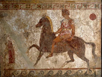 Samnitischer Reiter, Grabmalerei aus dem 4. Jahrhundert v. Chr., aus dem Gebiet von Paestum, Italien