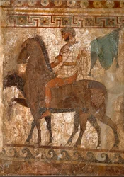 Samnitischer Reiter. Grabmalerei aus dem 4. Jahrhundert v. Chr. von der Fundstätte Paestum, Italien. Fresko. Archäologisches Nationalmuseum, Neapel