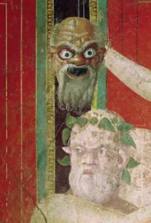 Der Kopf des alten Silenus, darüber eine Silenus-Maske, Ostwand, Oecus 5, 60-50 v. Chr.