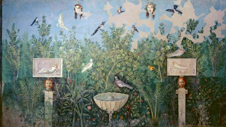 Wandfresko mit Garten und Vögeln, Haus des Goldenen Armbands, Pompeji