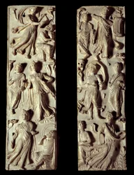 Antikes Rom: geschnitztes Elfenbein-Diptychon, das sechs Musen und sechs Dichter (oder Philosophen) darstellt. 5. Jahrhundert nach Christus. Paris, Louvre Museum