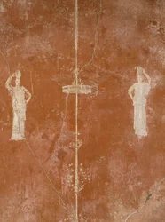 Dekoration auf rotem Hintergrund im dritten pompejanischen Stil, Haus des Sacerdus Amandus, Pompeji, Kampanien, römische Zivilisation