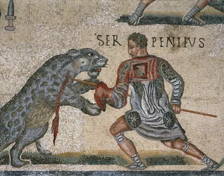 (Detail) eines Mosaiks eines Gladiatorenkampfes, ursprünglich aus Torre Nuova